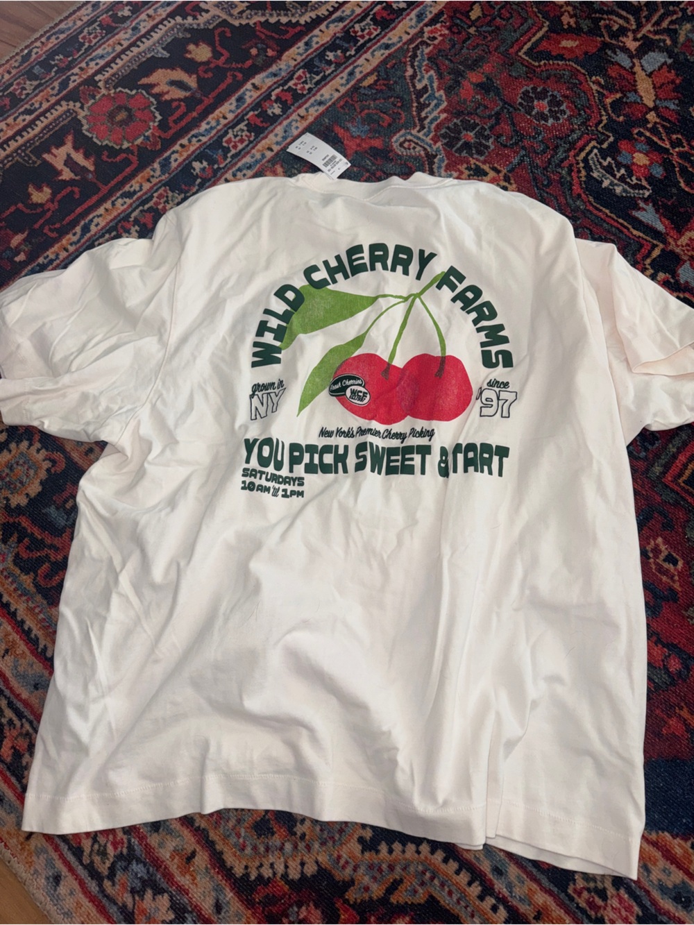 Abercrombie & Fitch White Tee with Red Cherry Graphic and Green Text